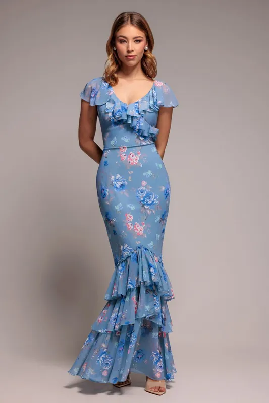 Floral Printed Chiffon Ruffle Maxi - Goddiva