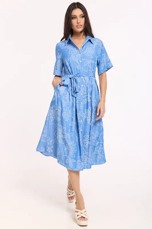 Blue Embroidered Midi Shirt Dress - Liquorish
