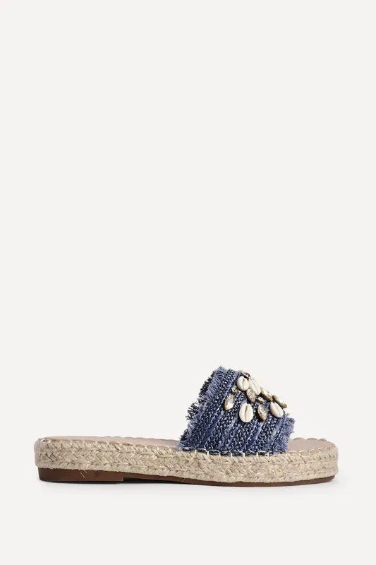 Seaside Blue Raffia Embellished Sliders - Linzi