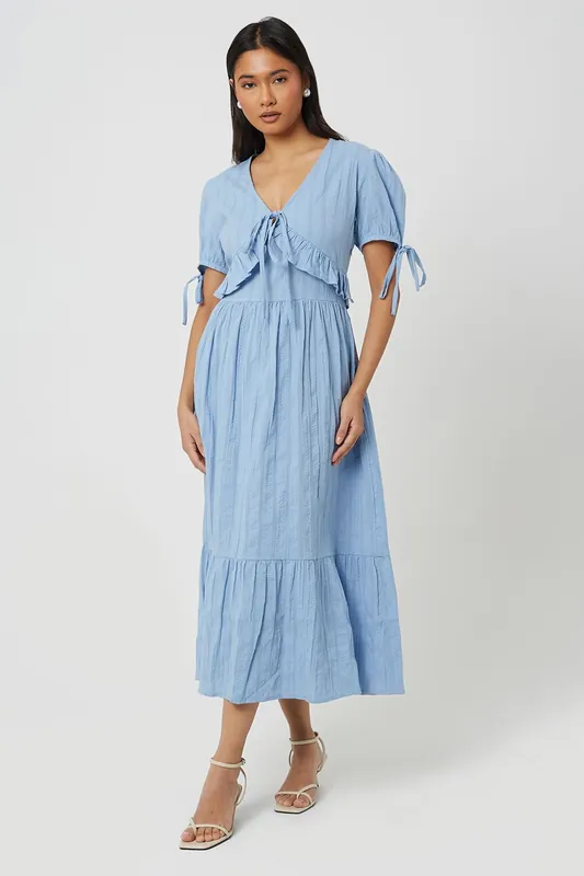 Puff Sleeve Maxi Dress With Tie And Ruffle Details - Brave Soul