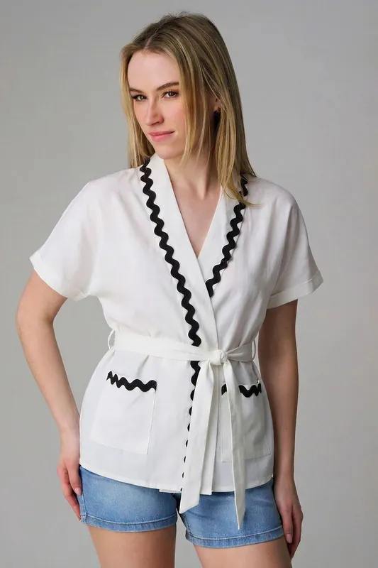 Cotton Linen Zig Zag Trim Wrap Top - Wednesday's Girl