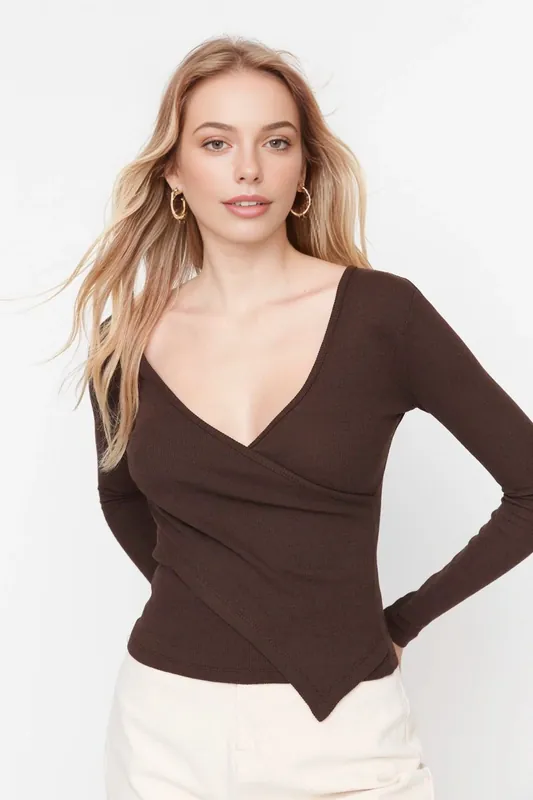 V-Neck Wrap Long Sleeve Ribbed Knit Blouse