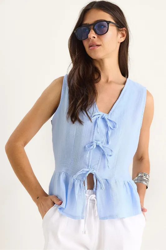 V-Neck Crepe Blouse with Bow Tie