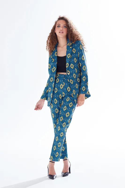 African Print Suit Blazer in Blue, Yellow & Navy - Liquorish