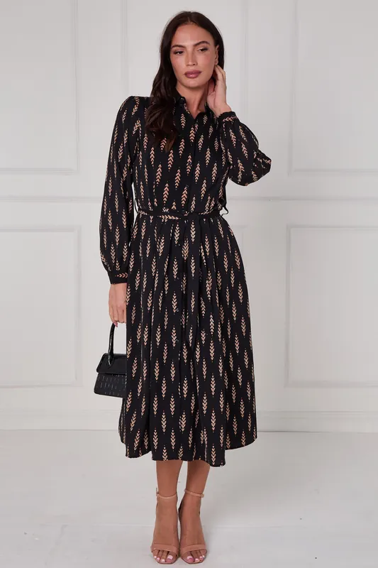 Black Camel Chevron Petal Midi Shirt Dress - Love Sunshine
