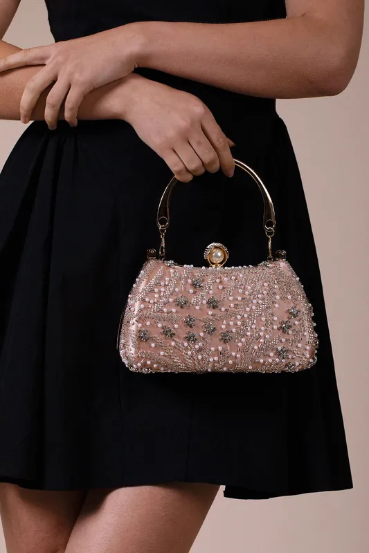Floral Beaded Clutch Bag In Champagne - SVNX