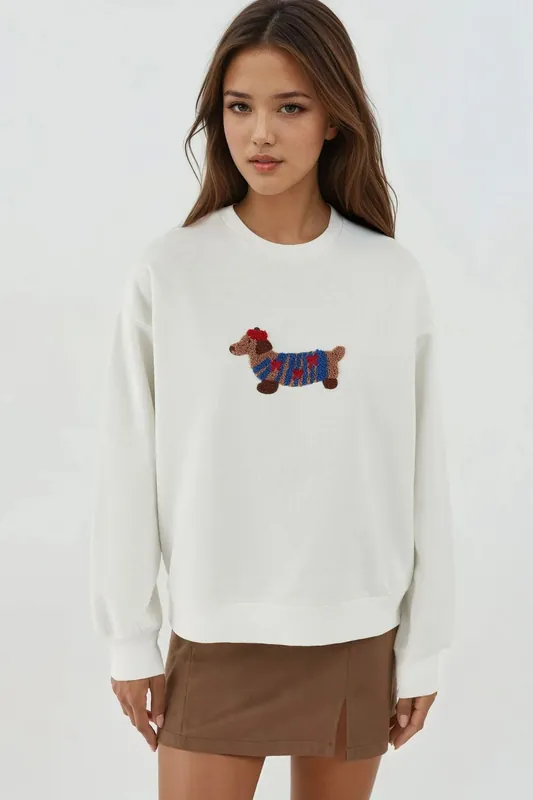 Oversized Crew Neck Embroidered Cotton Sweatshirt - Hiccup