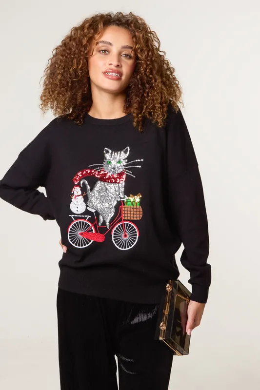 Black Christmas Cat On A Bike Jumper - Blue Vanilla