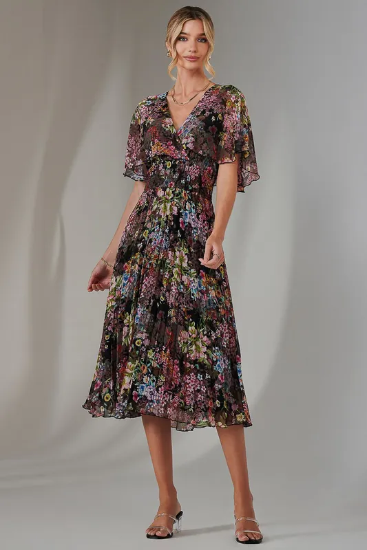 Floral Print Chiffon Pleated Dress - Jolie Moi