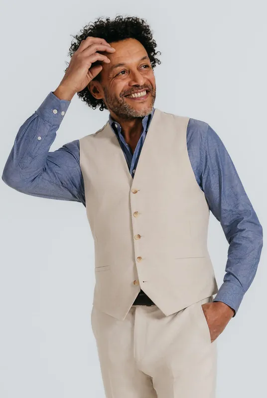 Oatmeal Linen Herringbone Waistcoat - Dobell
