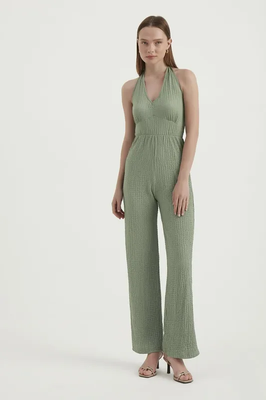V Neck Tie Back Smocked Straight Leg Jumpsuit - Hiccup