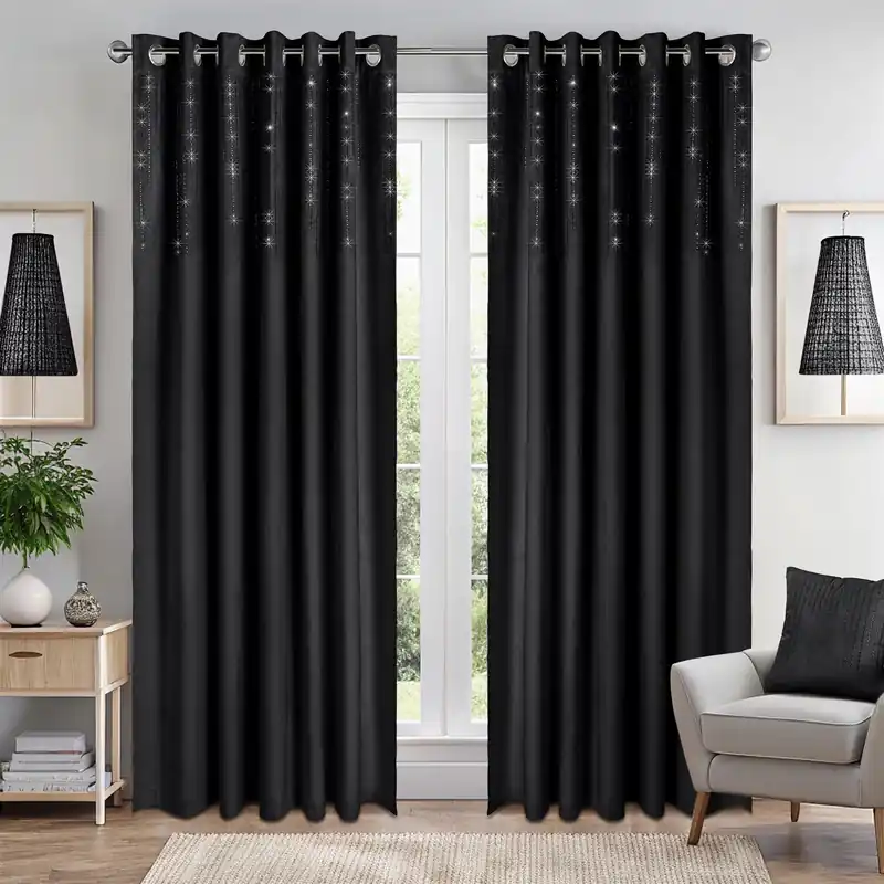 Triple Woven Blackout Velvet Diamante Ring Top Curtains - Luxury Living