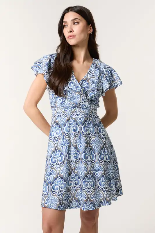 Blue Printed Wrap Front Belted Waist Dress - Blue Vanilla