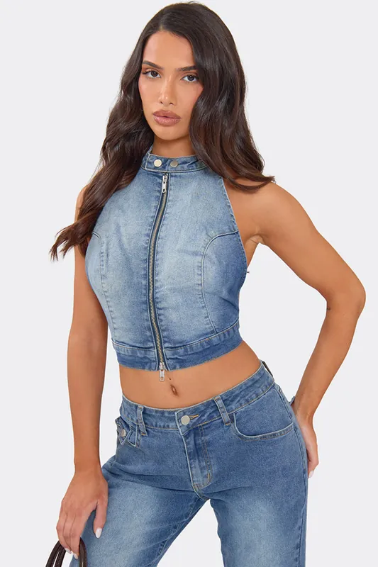 Fitted Sleeveless High Neck Denim Crop Top - EGO