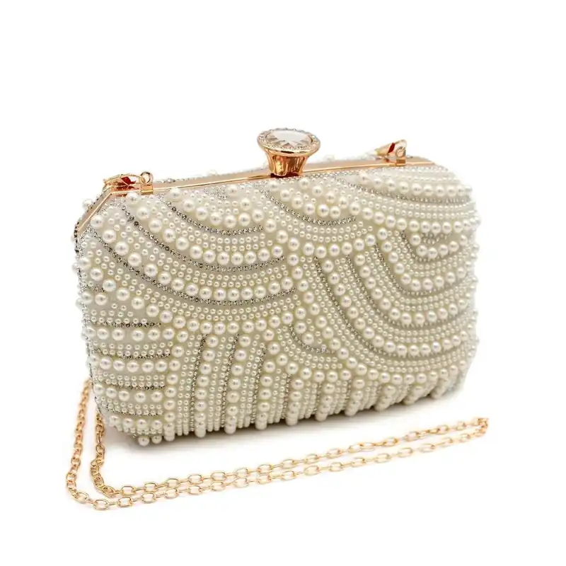 Beaded Pearl Wedding Prom Clutch Handbag With Diamanti Clasp - Kitise