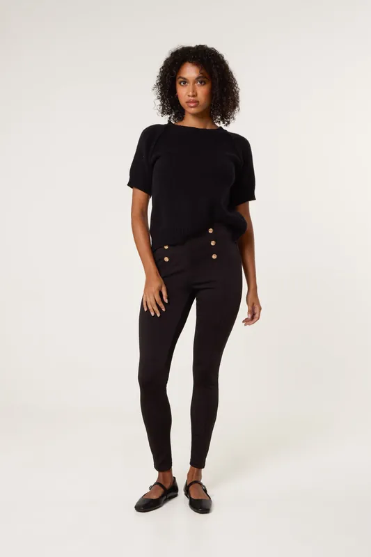 Black Button Detail Shaping Pants - Blue Vanilla