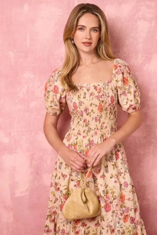 Multi Milkmaid Floral Puff Sleeve Shirred Midi Dress - Blue Vanilla