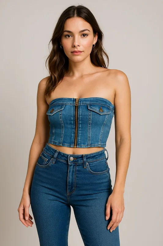 Bandeau Denim Crop Top - Fake Pocket Detail - Crop Top