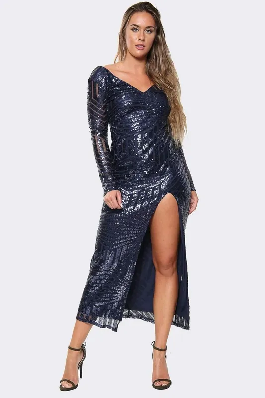 NAVY GLITTER SEQUIN MAXI DRESS WITH LONG SLEEVES AND FRONT SPLIT - AVINCI