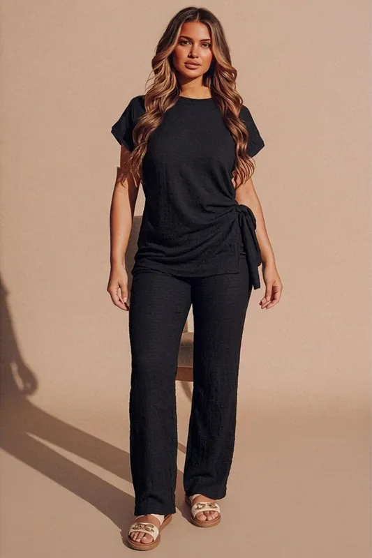 Tie Side Relaxed Fit Top And Wide Leg Trousers - Femme Luxe