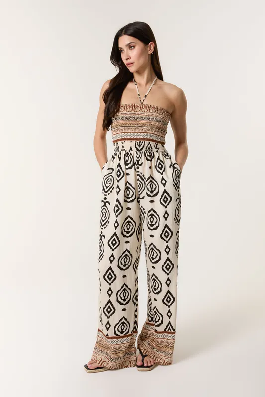 Stone Print Strapless Bandeau Shirred Jumpsuit - Blue Vanilla