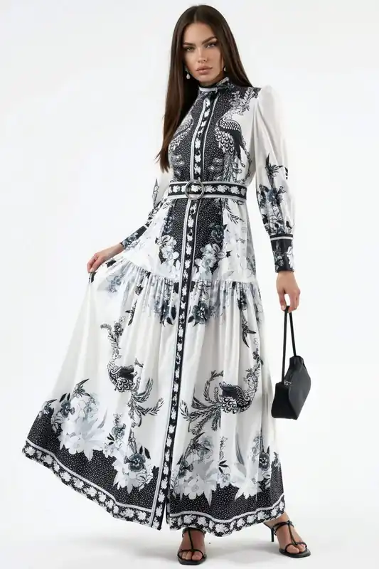 Floral Maxi Dress with Shirt Collar and Belt - MSN Collection
