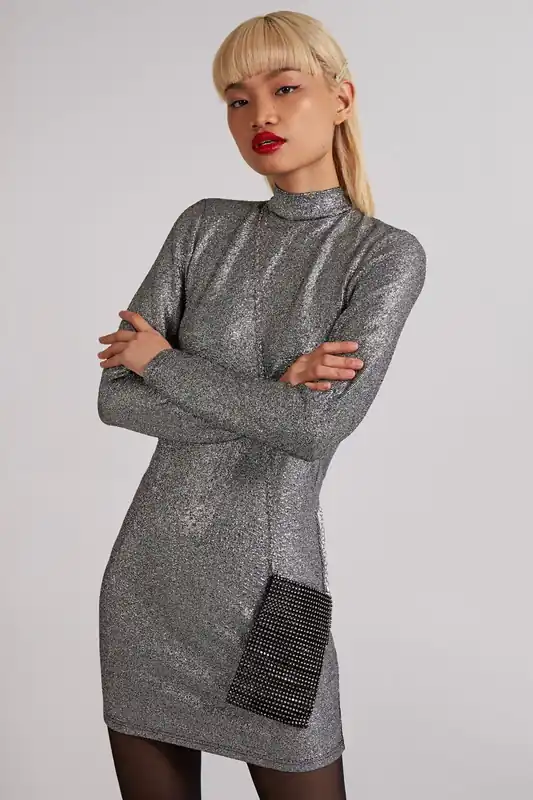 Metallic High Tie Neck Open Back Dress - Pink Vanilla