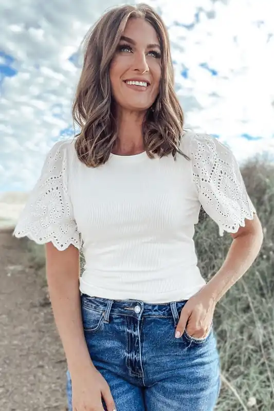 White Eyelet Pattern Short Sleeve Patchwork Ribbed Top - Everyday The Label