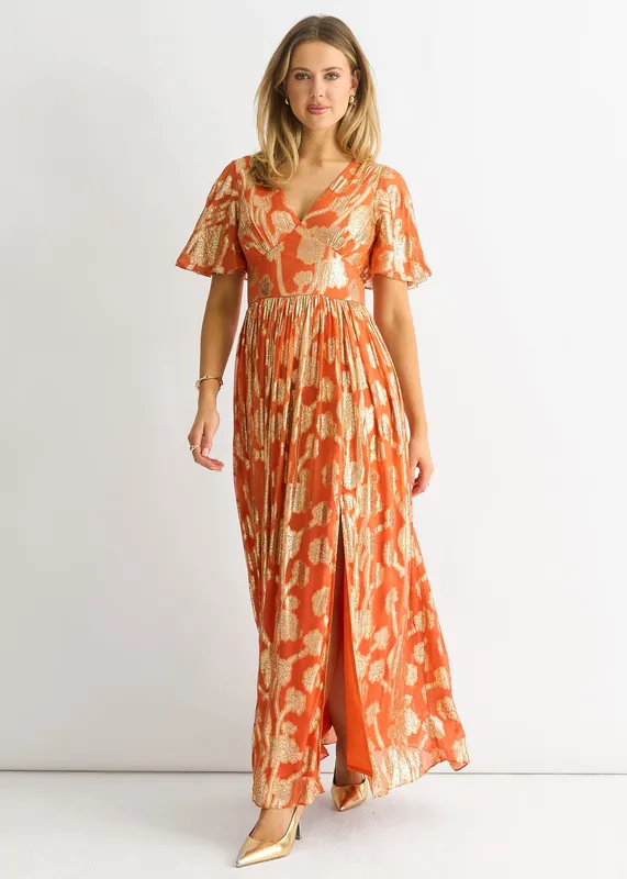 Orange Metallic Jacquard Flutter Sleeves Maxi Dress - Gini London