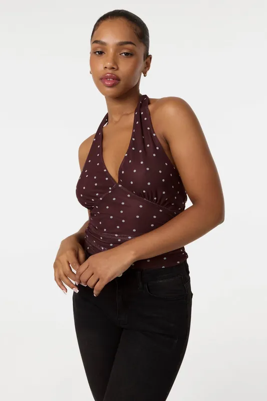 Brown Polka Dot Ruched Side Halter Top - Pink Vanilla