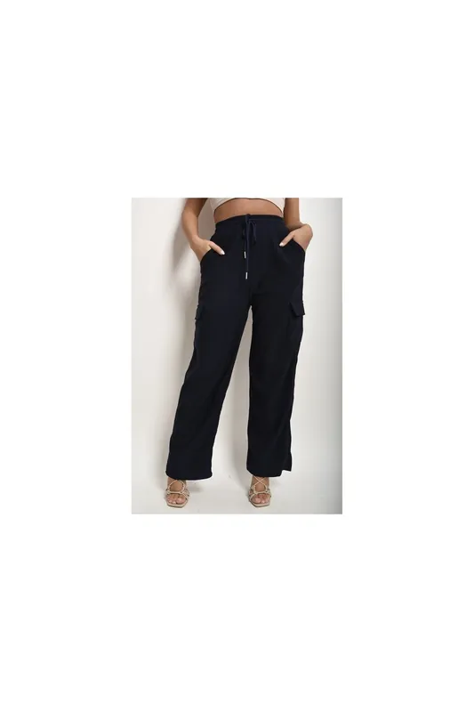 Faye Wide Leg Drawstring Waist Flap Pocket Trouser - IKRUSH