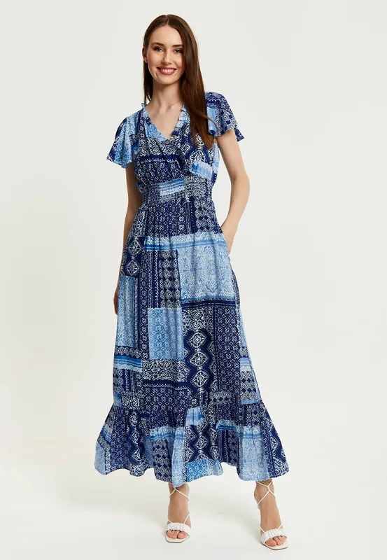 Blue Tile Print Maxi Dress With Short Sleeves - Liquorish