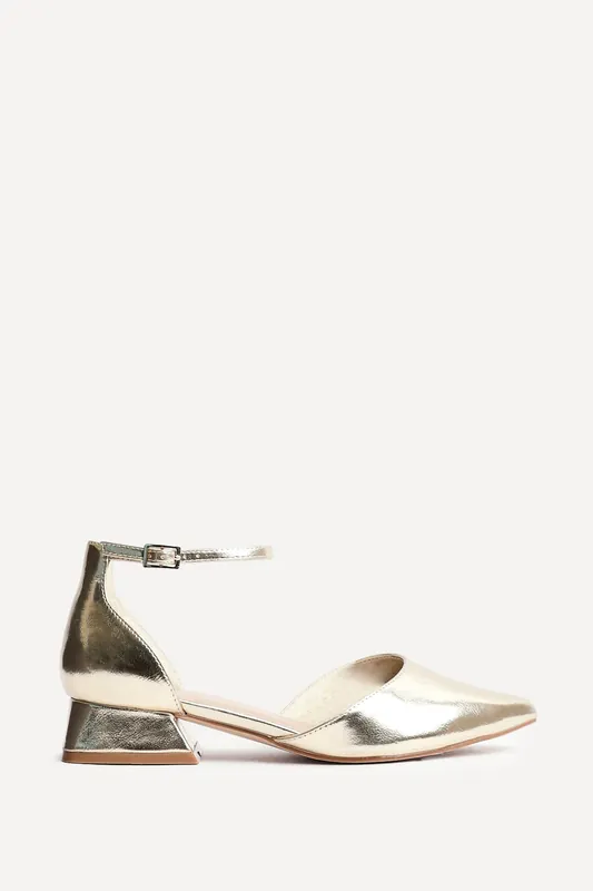 Dolly Wide Fit Gold Faux Leather Low Block Court Heel - Linzi