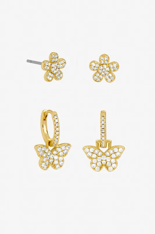 Gold Plated Butterfly and Flower Earrings - Pack of 2