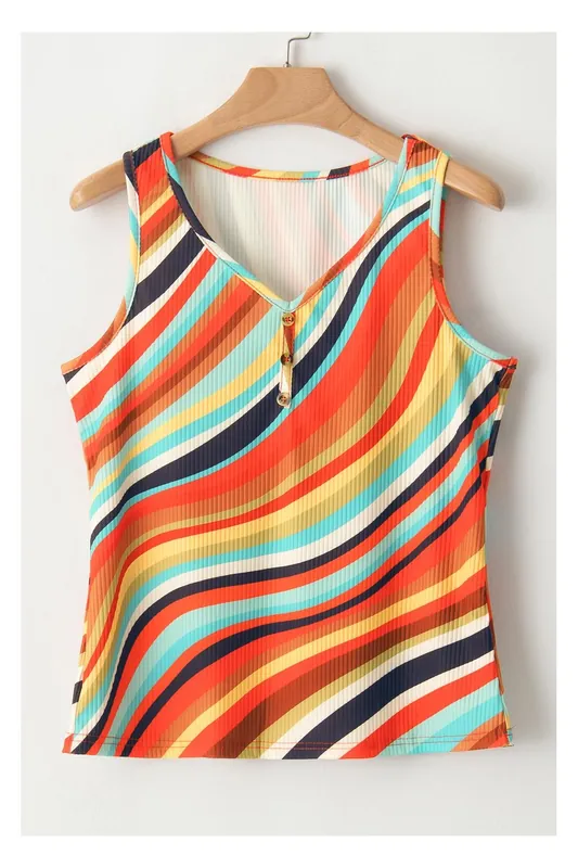 Multicolour Wavy Striped Buttoned V Neck Tank Top - Everyday The Label
