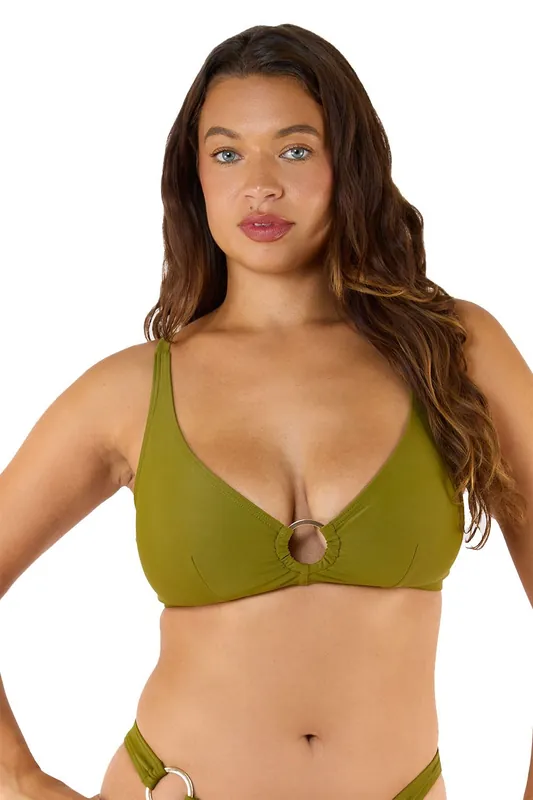 Kalahari Khaki High Shine 'Bikini Top with Gold Ring' - Wolf & Whistle