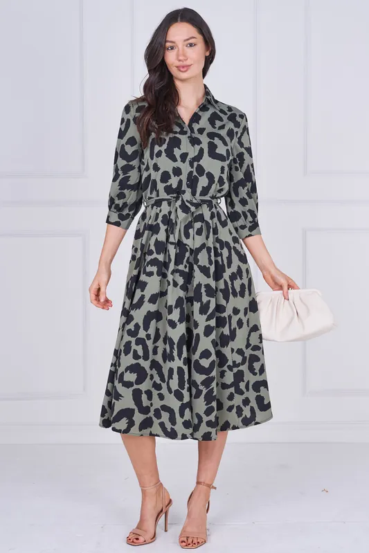 Khaki Leopard Print Half Sleeve Midi Shirt Dress - Love Sunshine