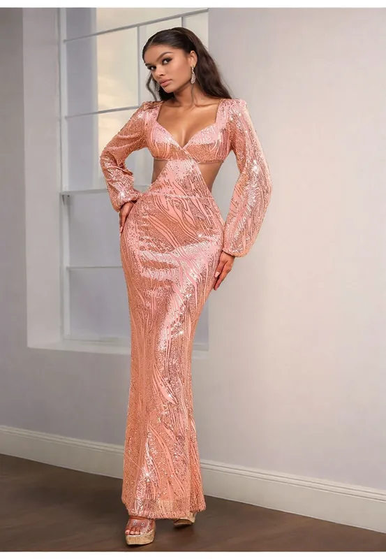 Rose Gold Sequin Cut Out Maxi Dress - Divine Grace