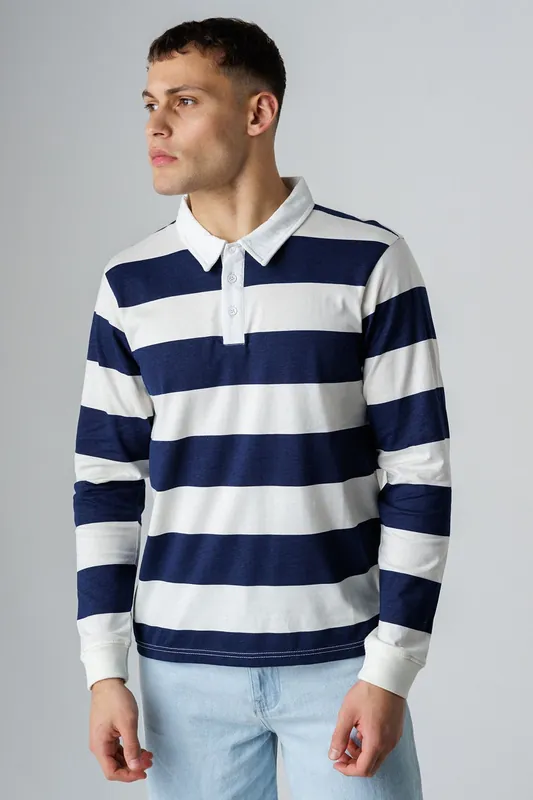 Cotton Stripe Rugby-Style Long Sleeve Button Polo Shirt