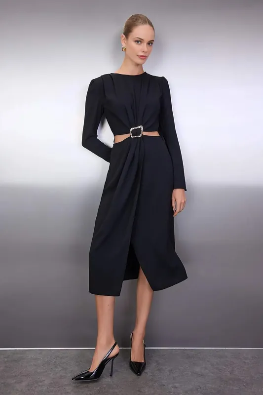 Wrap Skirt Midi Woven Dress with Cut Out and Accessory Detail - WOVCOR