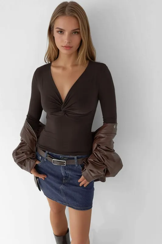 V-Neck Twist-Front Long Sleeve Top