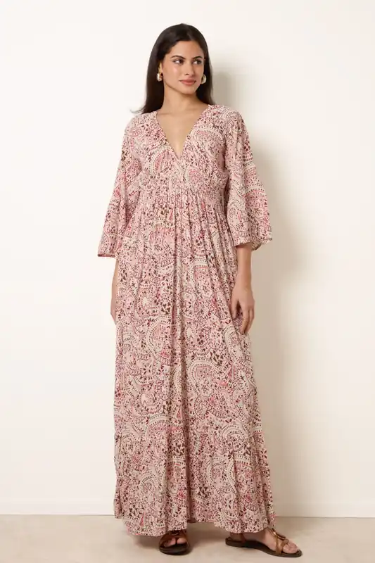 Pink Printed Shirred Waist V Neck Maxi Dress - Blue Vanilla