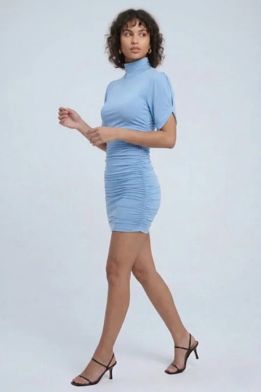 High Neck Ruched Back Padded Shoulder Bodycon Dress - STYLEWISE