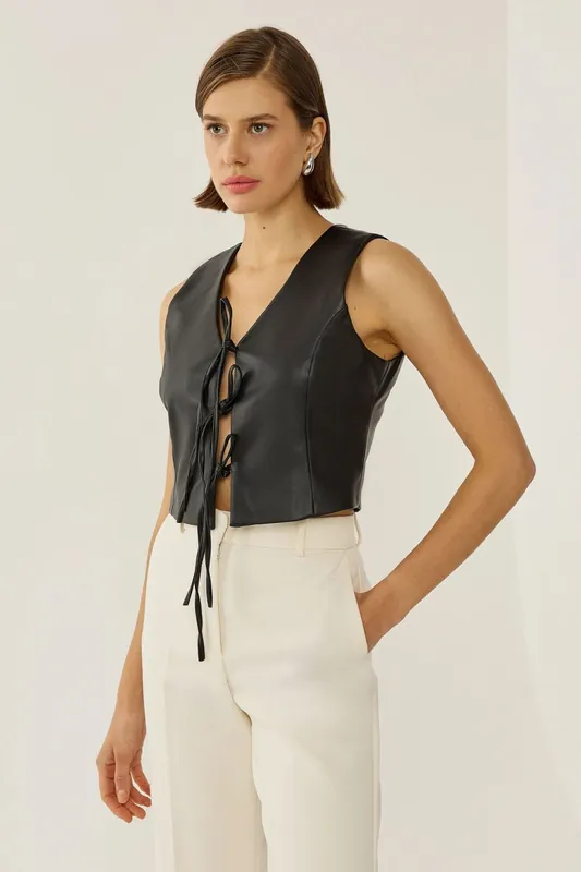 Faux Leather Tie Up Vest - Hiccup