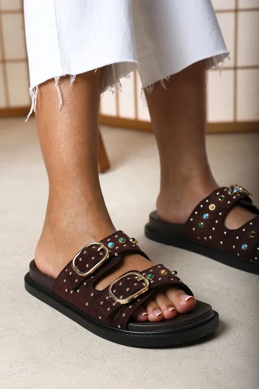 Ceylon Diamante Stud Double Buckle Dark Brown Suede Slide On Sandal - Where's That From