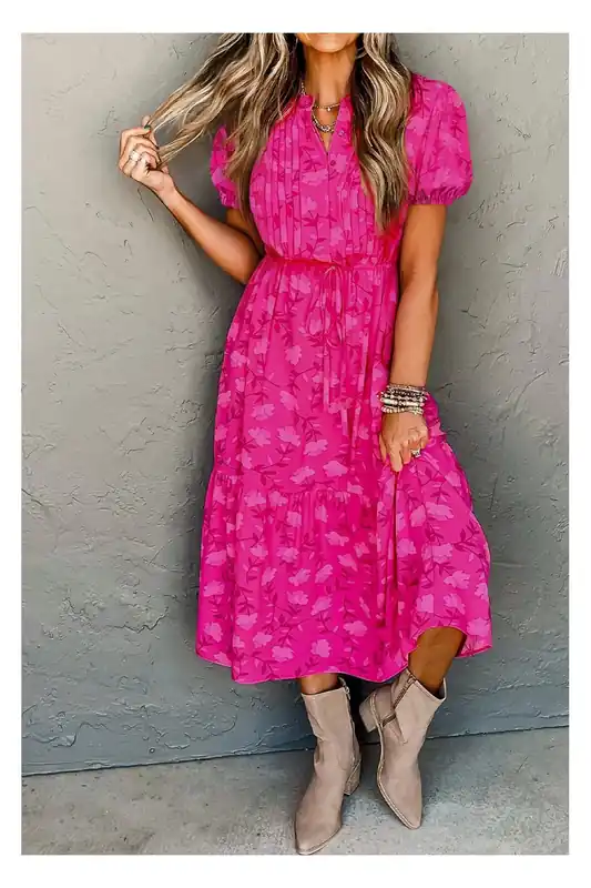 Rose Red Floral Print Pleated Drawstring Flowy Midi Dress - Everyday The Label