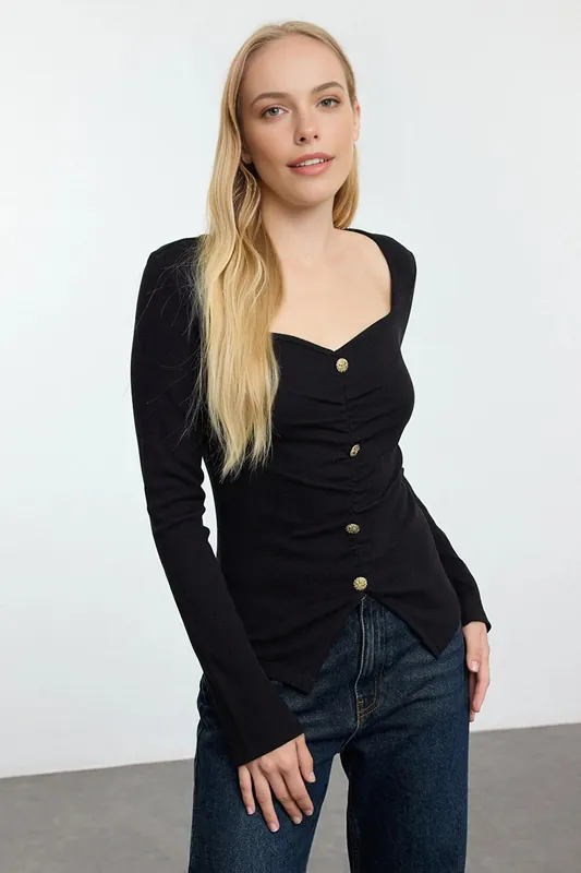Rib Knit Button Detail Long Sleeve Blouse - WOVCOR