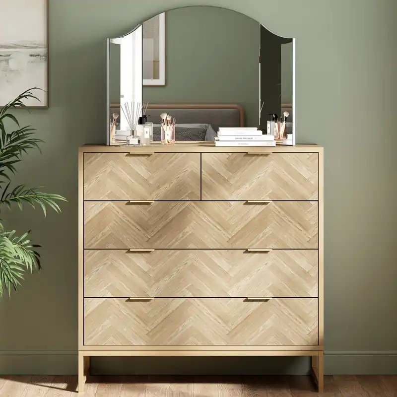 Ducie 5 Drawer Herringbone Design Bedroom Chest of Drawers - VonHaus
