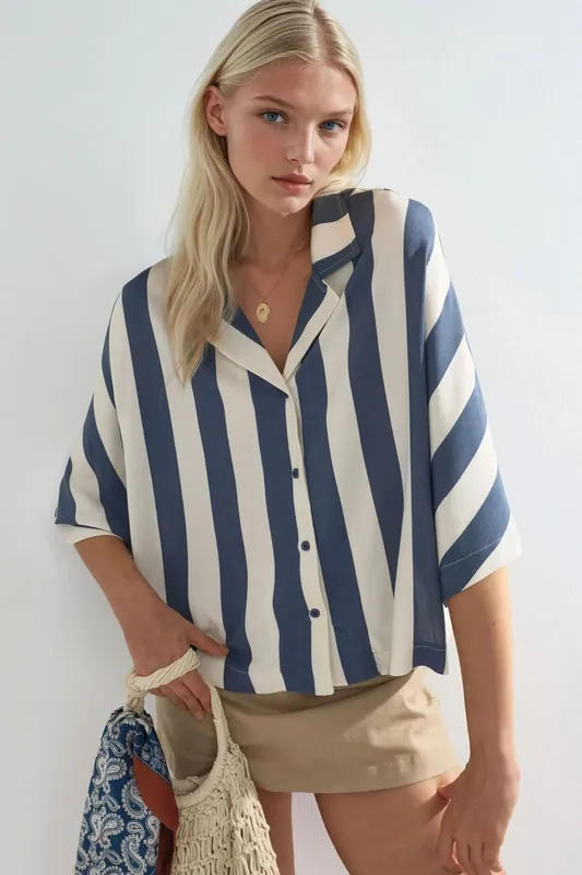 Relaxed Fit Striped Button-Up Shirt