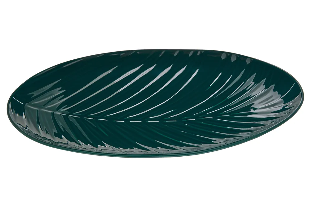 Smooth Glazed Finish Dark Green Serving Plate,Embossed Porcelain Dish,Palm Leaf Design Decorative Plate - Orsina